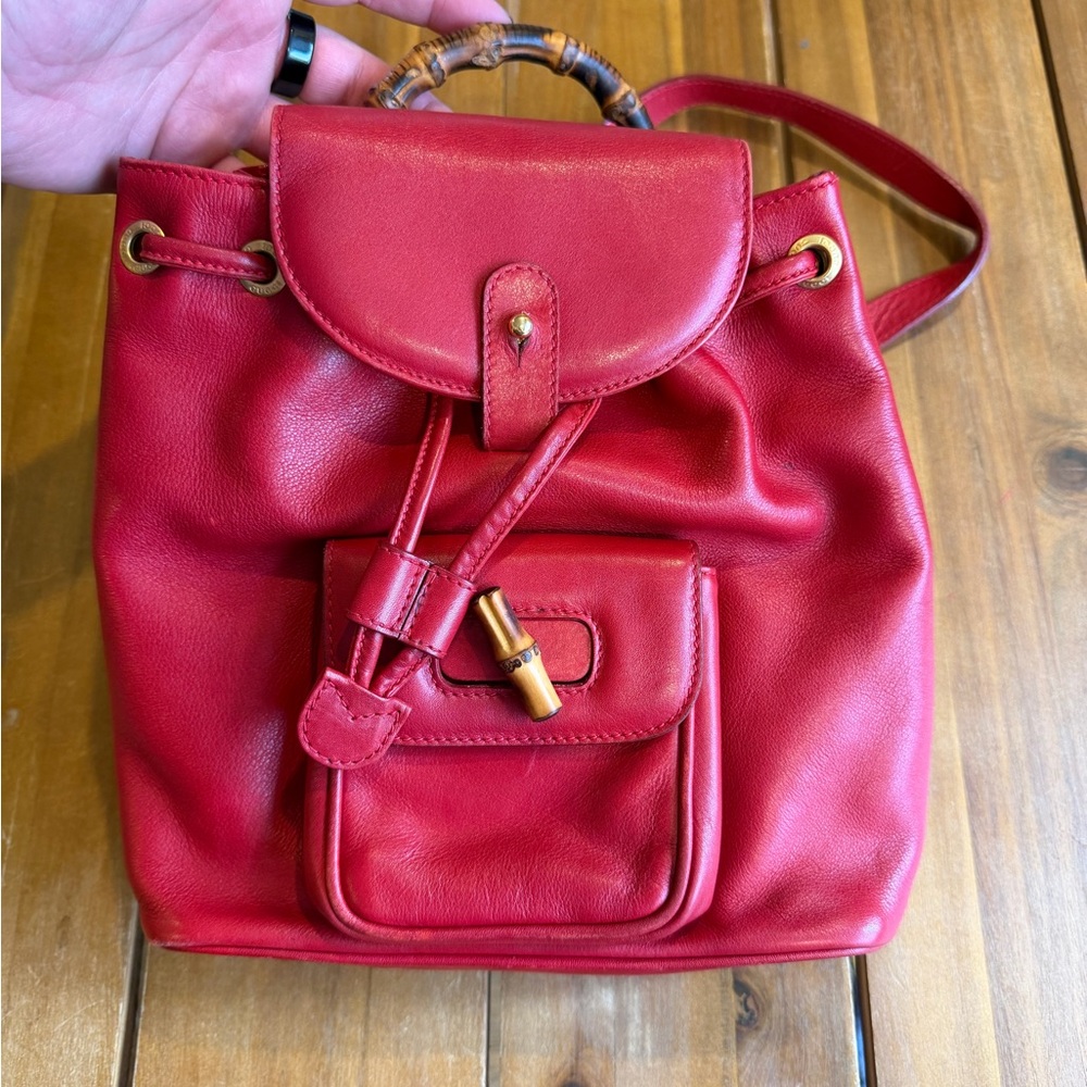 Vintage Gucci Red Leather Backpack with Bamboo Handle